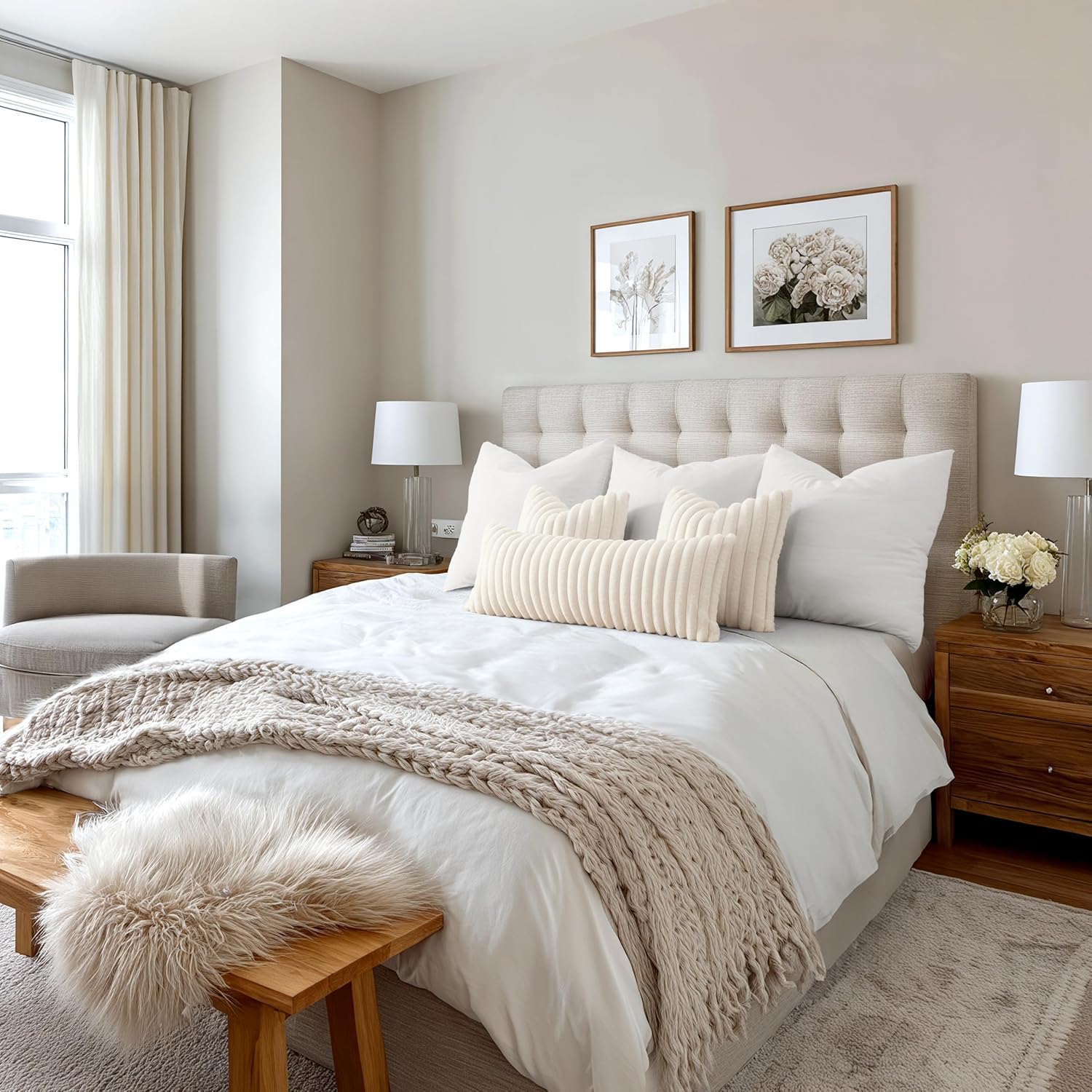 MIULEE Faux Fur Decorative Throw Pillow Covers 18x18 Inch Set of 2, Modern Spring Home Decor Soft Plush Couch Pillows Cozy Fluffy Cushion Covers for Sofa Bed Beige